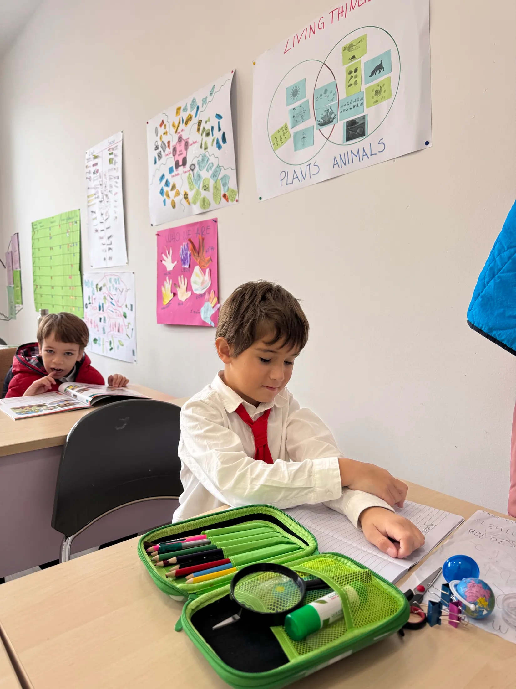 A first grader at his desk with a magnifying glass in his pencil case, beneath a “Living Things” Venn diagram sorting plants and animals